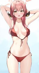 Rule 34 | 1girl, aru (blue archive), bare shoulders, blue archive, breasts, cleavage, kaetzchen, looking at viewer, red hair, short hair, smile, solo, swimsuit, yellow eyes