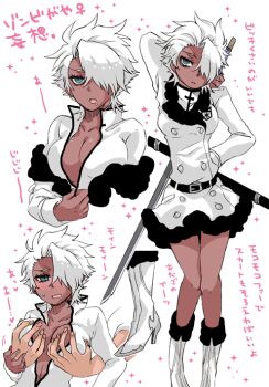 Rule 34 | 1girl, bleach, blush, boots, breasts, cleavage, dark skin, drooling, fur trim, gender request, genderswap, grabbing another's breast, green eyes, groping, hair over one eye, high heel boots, high heels, hitsugaya toushirou, looking at viewer, short hair, sword, translation request, weapon, white hair, yosikawayuzu