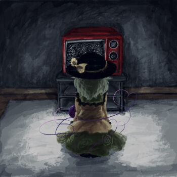 1girl black_boots black_hat blouse boots bow eyeball facing_away floral_print frilled_shirt_collar frilled_sleeves frills from_behind full_body green_skirt hat hat_bow hat_ribbon heart heart_of_string heripantomorrow indoors kneeling komeiji_koishi light_green_hair long_sleeves medium_hair on_floor ribbon rose_print shirt skirt solo static television third_eye touhou watching_television wavy_hair wide_sleeves yellow_bow yellow_ribbon yellow_shirt