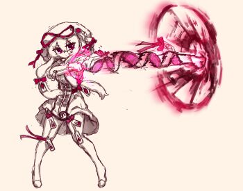 Rule 34 | 1girl, adapted costume, bow, closed mouth, commentary, dress, gloves, hair bow, hat, hat ribbon, highres, korean commentary, long hair, long sleeves, mob cap, monochrome, pantyhose, pink theme, punching, purple eyes, rampa93, red bow, red ribbon, ribbon, solo, spot color, tabard, touhou, very long hair, yakumo yukari