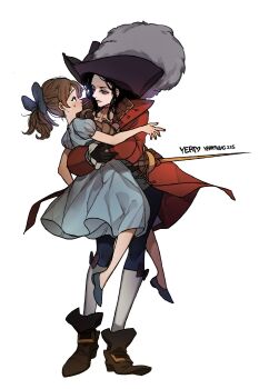 1boy 1girl ankle_boots artist_name ascot bare_arms black_gloves black_hair blue_bow blue_dress blue_eyes blue_pants blue_shoes blush boots bow brown_hair captain_hook coat commentary_request dress flats full_body gloves hair_bow hat highres hook_hand jacket kneehighs lapels lifting_person looking_at_another medium_dress medium_hair pants pirate_hat plume puffy_short_sleeves puffy_sleeves rapier red_coat ribbon_trim shoes short_sleeves simple_background single_glove small_sweatdrop socks sword walt_disney&#039;s_peter_pan weapon wendy_darling white_background white_socks yerm