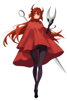 1girl absurdres arknights black_bodysuit black_boots bodysuit boots cloak closed_mouth commentary cosplay dzyyeee english_commentary facing_viewer full_body hair_intakes highres holding holding_mask hollow_knight hollow_knight:_silksong hornet_(hollow_knight) hornet_(hollow_knight)_(cosplay) horns long_hair looking_at_viewer mask needle_(hollow_knight) purple_eyes red_cloak red_hair simple_background solo surtr_(arknights) unworn_mask very_long_hair weapon weapon_on_back white_background