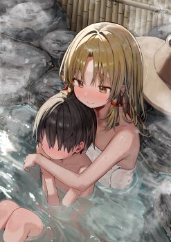 1boy 1girl absurdres age_difference blonde_hair blush brown_hair clothed_female_nude_male faceless faceless_male hair_over_eyes hetero highres hug hug_from_behind long_hair mamemochi mixed-sex_bathing moriya_suwako naked_towel nude onee-shota onsen partially_submerged shared_bathing short_hair shota smile steam touhou towel water wet yellow_eyes