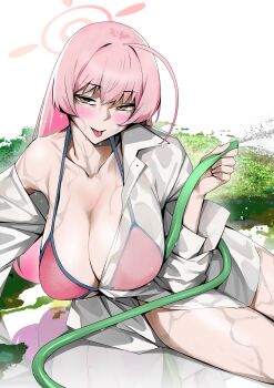 1girl :p absurdres ahoge bikini bikini_under_clothes blue_archive blush breasts brown_eyes collarbone half-closed_eyes halo hanako_(blue_archive) hanako_(swimsuit)_(blue_archive) highres holding holding_hose hose huge_breasts long_hair looking_at_viewer official_alternate_costume oha_v open_clothes open_shirt oversized_clothes oversized_shirt pink_bikini pink_hair pink_halo see-through_clothes see-through_shirt shirt single_bare_shoulder sitting solo swimsuit tongue tongue_out very_long_hair wet wet_clothes wet_shirt white_shirt yokozuwari