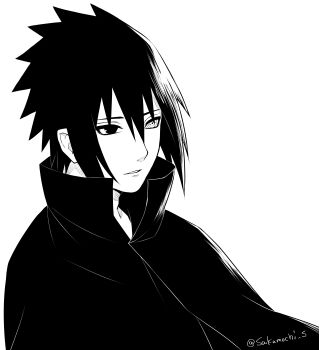 1boy absurdres cloak hair_between_eyes highres looking_to_the_side male_focus mochiii-s monochrome naruto_(series) naruto_shippuuden parted_lips rinnegan short_hair smile solo spiked_hair twitter_username uchiha_sasuke upper_body white_background