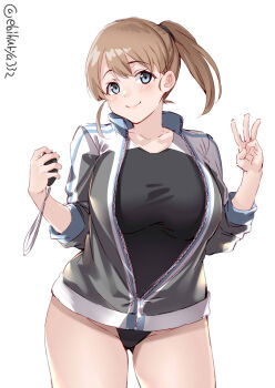 1girl black_one-piece_swimsuit blue_eyes blush breasts brown_hair ebifurya female_focus highres holding holding_stopwatch intrepid_(kancolle) jacket kantai_collection large_breasts one-hour_drawing_challenge one-piece_swimsuit ponytail short_hair simple_background smile solo stopwatch swimsuit swimsuit_under_clothes thighs timer track_jacket upper_body w white_background