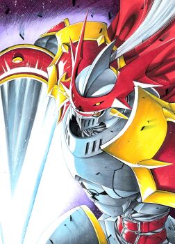 Rule 34 | armor, cape, digimon, digimon (creature), dukemon, helmet, highres, holding, holding polearm, holding weapon, knight, lance, looking at viewer, miura satoru, polearm, red cape, solo, upper body, weapon, white armor, white helmet, yellow eyes