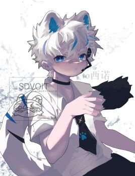 Rule 34 | 1boy, :<, animal ears, bandaid, bandaid on face, bandaid on nose, black choker, black necktie, black pants, blue eyes, blue streaks, choker, closed mouth, commentary request, headphones, highres, male focus, multicolored hair, multicolored tail, necktie, original, pants, sdvoit, shirt, solo, streaked hair, striped tail, t-shirt, tail, tiger boy, tiger ears, tiger tail, upper body, watermark, white background, white shirt, white tail