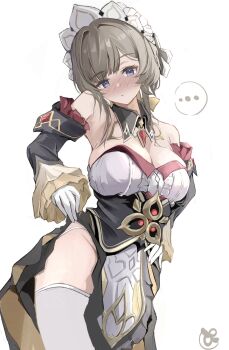 ... 1girl bare_shoulders black_dress blue_eyes blush breasts cleavage clothes_lift commentary_request detached_sleeves dress dress_lift genshin_impact gloves highres large_breasts lifting_own_clothes maid_headdress panties panty_straps pinjirooo sandrone_(genshin_impact) short_hair simple_background solo spoken_ellipsis thighhighs underwear white_background white_gloves white_panties white_thighhighs