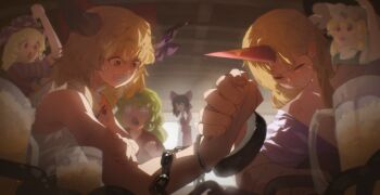 6+girls absurdres american_flag american_flag_print arm_wrestling black_hair black_vest blonde_hair blush bow chain closed_eyes clownpiece commentary_request flag_print green_hair grin hakurei_reimu hat highres horns hoshiguma_yuugi ibuki_suika indoors kinoko_(kino2435006) kirisame_marisa komano_aunn long_hair medium_hair multiple_girls red_bow red_eyes red_shirt shirt single_horn smile teeth touhou vest white_shirt witch_hat yellow_eyes