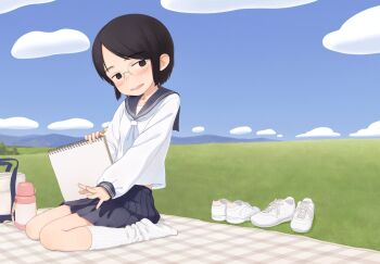 1girl aratagawa_nikei bag black_eyes black_hair blue_neckerchief blue_sailor_collar blue_skirt blue_sky blush cloud commentary_request day freckles full_body glasses grass head_tilt highres holding holding_pencil holding_sketchbook horizon long_sleeves miniskirt mountainous_horizon neckerchief open_mouth original outdoors outstretched_arm pencil picnic picnic_blanket pleated_skirt sailor_collar shirt shoes sitting sketchbook skirt sky smile sneakers solo thermos unworn_shoes wariza white_shirt