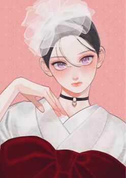 Rule 34 | 1girl, androgynous, black choker, black hair, blush, choker, close-up, commentary request, headdress, heart, heart choker, highres, japanese clothes, kimono, lips, looking at viewer, mika yamamori, official art, patterned clothing, pink background, pink lips, polka dot, polka dot background, portrait, purple eyes, red sash, sash, short hair, solo, takiguchi yoi, uruwashi no yoi no tsuki, white headdress, white kimono