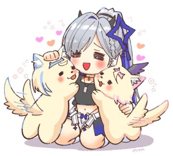 amane_kanata amane_kanata_(lock_on) animal_ear_fluff animal_ears blonde_hair blue_hair colored_inner_hair dog_ears dog_girl dog_tail fuwawa_abyssgard grey_hair hair_ornament halo hashtag-only_commentary heart hololive hololive_english long_hair mococo_abyssgard multicolored_hair multiple_girls open_mouth ouya_(maboroshimori) petting pink_hair ponytail short_hair shorts siblings sisters sports_bra star_halo streaked_hair tail virtual_youtuber