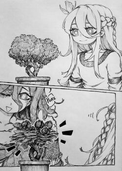1boy 1girl absurdres bonsai braid chronozbergh crown_braid elden_ring fromsoftware fungi hair_between_eyes highres long_hair malenia_blade_of_miquella miquella_(elden_ring) monochrome multiple_braids one_eye_closed open_mouth poking smile traditional_media triangle_mouth