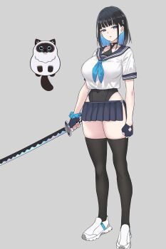 1girl aohara_nozomu_(zhen_lu) black_hair black_leotard black_skirt blue_eyes blue_hair breasts cat colored_inner_hair commentary_request covered_navel crop_top fingerless_gloves full_body gloves hair_intakes halterneck highres holding holding_sword holding_weapon katana large_breasts leotard leotard_under_clothes lowleg lowleg_skirt miniskirt multicolored_hair original school_uniform serafuku shoes side_slit skirt solo sword thighhighs two-tone_hair weapon white_shoes zettai_ryouiki zhen_lu