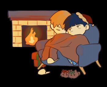 2boys animated animated_gif baobing black_eyes black_hair blinking blonde_hair blue_pants brown_pants chinese_commentary closed_eyes commentary_request deformed fire fireplace fur-trimmed_headwear fur_trim hat highres kageyama_shigeo male_focus mob_psycho_100 multiple_boys no_mouth pants red_hat reigen_arataka santa_hat shared_blanket short_hair single_slipper slippers transparent_background white_slippers