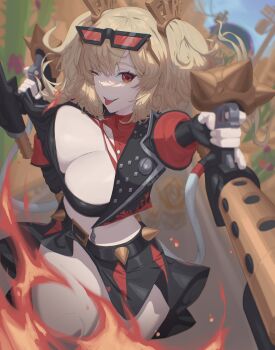 1girl absurdres black-framed_eyewear black_jacket black_skirt black_tube_top blonde_hair blurry blurry_background breasts burnice_white cactus cleavage commentary cowboy_shot english_commentary eyewear_on_head fire flamethrower highres holding holding_flamethrower holding_weapon hollow_(zenless_zone_zero) jacket large_breasts looking_at_viewer mangsik one_eye_closed outdoors red-tinted_eyewear red_eyes short_twintails skirt solo spiked_belt spiked_jacket strapless sunglasses tinted_eyewear tongue tongue_out tube_top twintails weapon zenless_zone_zero