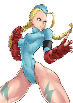 Rule 34 | absurdres, aqua hat, aqua leotard, armband, black armband, bodypaint, braid, cammy white, commentary request, fingerless gloves, garrison cap, gloves, hat, heattech leotard, highleg, highleg leotard, highres, leotard, lightning bolt symbol, low twin braids, low twintails, red gloves, ribbed leotard, shadaloo dolls, simple background, sleeved leotard, street fighter, street fighter zero (series), thong leotard, turtleneck, twin braids, twintails, white background, zerosentakuki