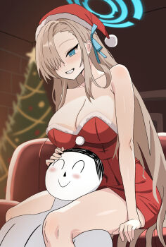 1boy 1girl absurdres asuna_(blue_archive) bare_shoulders between_thighs blonde_hair blue_archive blue_eyes blue_halo breasts christmas_tree cleavage commentary_request doodle_sensei_(blue_archive) dress halo hat highres indoors large_breasts long_hair midang red_dress red_hat santa_costume santa_dress santa_hat sensei_(blue_archive) smile very_long_hair