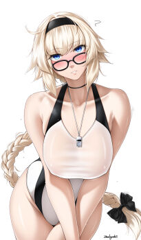1girl black_headband blonde_hair blue_eyes blush braid breasts commentary english_commentary fate/grand_order fate_(series) glasses headband jeanne_d'arc_(fate) jeanne_d'arc_(swimsuit_archer)_(second_ascension)_(fate) large_breasts looking_at_viewer one-piece_swimsuit see-through_clothes see-through_one-piece_swimsuit single_braid swimsuit whistle whistle_around_neck white_background white_one-piece_swimsuit zealyush