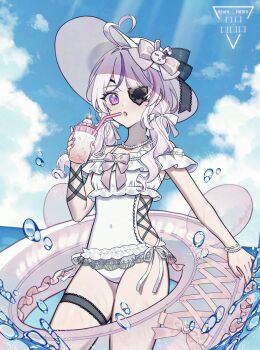 Rule 34 | ahoge, beach, blue sky, bow, bowtie, bracelet, cloud, cloudy sky, cup, eyepatch, frilled one-piece swimsuit, frills, hat, heart, heart ahoge, highres, holding, holding cup, holding swim ring, innertube, jewelry, looking at viewer, maria marionette, medium hair, milkshake, multicolored hair, nijisanji, nijisanji en, ocean, one-piece swimsuit, pearl bracelet, pink bow, pink bowtie, pink hair, pink nails, purple hair, roro rororo, sky, splashing, streaked hair, sun hat, sunlight, swim ring, swimsuit, thigh strap, twitter username, virtual youtuber, white one-piece swimsuit