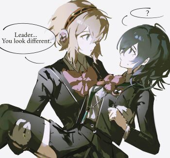 2girls ? ahoge aigis_(persona) black_jacket black_skirt black_thighhighs blonde_hair blue_eyes blue_hair bow bowtie carrying carrying_person clenched_hand commentary_request digital_walkman english_text feet_out_of_frame gekkoukan_high_school_uniform genderswap genderswap_(mtf) gold_hairband hairband hand_on_another&#039;s_thigh highres jacket k1kiwa looking_at_another mp3_player multiple_girls persona persona_3 princess_carry red_bow red_bowtie school_uniform short_hair simple_background skirt speech_bubble spoken_question_mark sweatdrop thighhighs walkman_nw-s203f white_background yuuki_makoto_(persona_3)