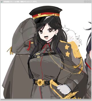 Rule 34 | 1girl, :d, aiguillette, belt, bisaytin, black eyes, black hair, braid, earrings, general liu (girls' frontline), girls' frontline, gloves, hat, jacket, jacket on shoulders, jewelry, military uniform, open mouth, painttool sai, peaked cap, sheath, sheathed, single sleeve past fingers, sketch, smile, solo, sword, upper body, weapon, white background, white gloves