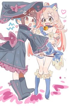 2girls ahoge alternate_costume anger_vein animal_ear_fluff animal_ear_hairband animal_ears bare_legs bell black_boots black_dress black_hat blue_boots blue_dress blue_hair blue_hairband blunt_bangs blush blush_stickers boots bow brown_eyes brown_hair commentary covering_another&#039;s_breasts covering_another&#039;s_crotch covering_breasts covering_privates dress ear_blush embarrassed fake_animal_ears fang frilled_dress frilled_sleeves frills full_body fur-trimmed_boots fur_trim hairband hat hat_bow heart highres holding holding_wand hozuki_momiji jingle_bell knee_boots kyurukyuru long_hair long_sleeves looking_at_viewer multicolored_hair multiple_girls neck_bell onii-chan_wa_oshimai! open_mouth oyama_mahiro pink_hair red_bow sash short_hair simple_background single_bare_shoulder single_off_shoulder sketch tail tears torn_clothes torn_dress two-tone_hair very_long_hair waist_bow wand white_background wide_sleeves witch_hat