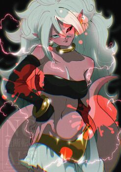 1girl android_21 bare_shoulders black_background black_sclera black_sleeves black_tube_top blue_eyes breasts cleavage closed_mouth colored_sclera colored_skin cowboy_shot detached_sleeves dragon_ball dragon_ball_fighterz earrings electricity grey_hair heterochromia highres hoop_earrings jewelry large_breasts long_hair long_sleeves majin_android_21 navel pants pink_skin pink_tail pointy_ears red_eyes smile solo stktik09060906 strapless tube_top white_pants