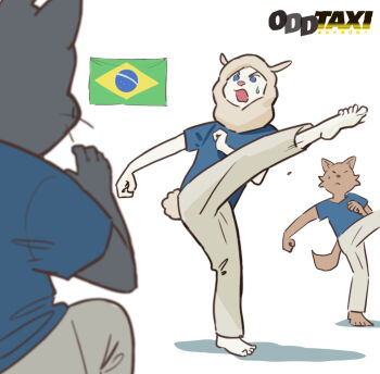 1girl 2boys alpaca alpaca_girl barefoot blue_shirt brazilian_flag capoeira flag furry furry_female furry_male kicking mugicaan1 multiple_boys odd_taxi open_mouth shirakawa_(odd_taxi) shirakawa_miho shirt short_sleeves sweat