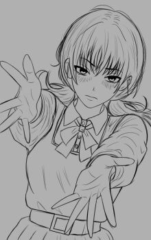 1girl augusketchs best_girl blush chainsaw_man dress fourth_east_high_school_uniform long_sleeves low_twintails mitaka_asa pinafore_dress sketch sleeveless_dress twintails