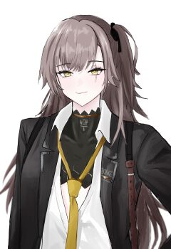 1girl absurdres collared_shirt commentary_request formal_clothes girls'_frontline girls'_frontline_2:_exilium hadari_(eve_future_00) hair_between_eyes highres jacket leva_(girls'_frontline_2) long_hair long_sleeves loose_necktie necktie partial_bodysuit partially_unbuttoned scar scar_across_eye scar_on_face shirt smile suit ump45_(girls'_frontline) white_shirt wing_collar yellow_necktie