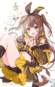1girl :3 :d animal_ears black_ribbon blush brown_eyes brown_hair brown_jacket brown_skirt brown_socks candle commentary_request dog_ears dog_girl dog_tail fang feet_out_of_frame hair_ribbon heart highres hololive inugami_korone jacket long_hair long_sleeves miniskirt off_shoulder open_clothes open_jacket open_mouth paw_earrings pleated_skirt ribbon simple_background skirt smile socks solo sparkle tail two_side_up virtual_youtuber watermark white_background yutukicom