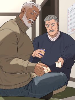 2boys beard blue_pants blue_sweater brown_sweater closed_mouth collared_shirt commentary_request denim eating facial_hair food full_beard futon grey_eyes grey_hair highres holding holding_food incoming_gift indoors jeans looking_at_viewer male_focus mature_male multiple_boys mustache old old_man original pants sa1k0p shirt short_hair sitting sweater thick_eyebrows white_hair white_shirt