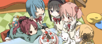 Rule 34 | 5girls, akemi homura, artist request, bad id, bad pixiv id, black hair, black ribbon, blonde hair, blue hair, cake, closed eyes, food, gift, hair ornament, headdress, kaname madoka, kyubey, mahou shoujo madoka magica, miki sayaka, miniskirt, multiple girls, pillow, pink hair, red hair, red ribbon, ribbon, sakura kyoko, school uniform, skirt, smile, tomoe mami