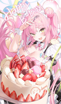 1girl animal_ears balloon black_dress braid breasts cake cat_ears cleavage collared_dress dress extra_ears floating_hair food gamtori_(vtuber) green_eyes hair_bun hand_up happy_birthday indie_virtual_youtuber large_breasts long_hair looking_at_viewer maid_headdress open_mouth pink_hair short_sleeves smile solo very_long_hair virtual_youtuber wh0_r_uo_o wrist_cuffs