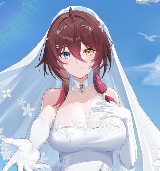 1girl aether_gazer bare_shoulders blue_sky breasts bridal_veil brown_hair cleavage closed_mouth crosshair_pupils dakimakura_(medium) douya_(yaomiaomiao) dress elbow_gloves gloves heterochromia large_breasts long_hair looking_at_viewer offering_hand reaching reaching_towards_viewer see-through_cleavage see-through_clothes sky smile solo veil verthandi_(aether_gazer) wedding_dress white_dress white_gloves white_veil