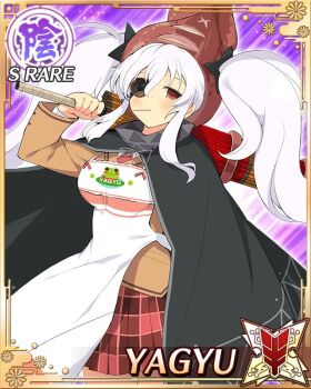 Rule 34 | 1girl, apron, black cape, border, breasts, brown jacket, cape, card (medium), carrying over shoulder, character name, dekamori senran kagura, eyepatch, game cg, holding, holding umbrella, ikayaki, jacket, large breasts, long hair, looking at viewer, mouth hold, necktie, official art, oil-paper umbrella, plaid clothes, plaid skirt, red eyes, red necktie, red skirt, senran kagura, senran kagura new wave, shuriken hair ornament, skirt, solo, stalk in mouth, third-party source, twintails, umbrella, very long hair, white apron, white hair, yaegashi nan, yagyu (senran kagura)