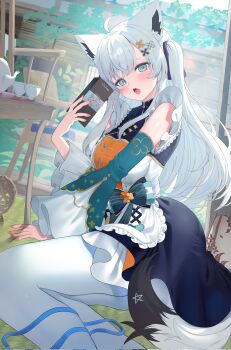 1girl ahoge animal_ear_fluff animal_ears aqua_eyes black_dress blue_ribbon blush breasts chinese_clothes cup detached_sleeves dress feet_out_of_frame fox_ears fox_girl fox_tail green_sleeves hair_between_eyes hair_ornament highres holding hololive jinbei_(user_tpny4757) long_hair long_sleeves looking_at_viewer medium_breasts open_mouth orange_nails pentagram ribbon shirakami_fubuki solo tail teacup teapot thighhighs virtual_youtuber white_hair white_thighhighs wide_sleeves x_hair_ornament