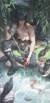 1boy abs ahoge bamboo bamboo_forest bandaged_arm bandaged_chest bandages belt bird black_belt black_boots black_hair black_pants blood bloody_bandages boots branch closed_mouth collarbone commentary_request crow day expressionless facial_scar forest grass green_eyes green_ribbon hair_between_eyes hair_intakes hair_ribbon high_ponytail highres holding holding_weapon huh_1222 long_hair male_focus nature navel object_request outdoors pants pectorals ponytail qiuyuan_(wuthering_waves) ribbon rock scar scar_on_cheek scar_on_face scar_on_shoulder sidelocks sitting solo stomach stream toned toned_male topless_male veins very_long_hair water weapon wuthering_waves