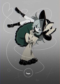 1girl black_boots black_hat blouse boots bow closed_mouth eyeball frilled_shirt_collar frilled_sleeves frills green_hair green_skirt hair_between_eyes hat hat_bow hat_ribbon heart heart_of_string highres komeiji_koishi ribbon shirt short_hair skirt solo third_eye touhou tya_514 yellow_bow yellow_ribbon yellow_shirt