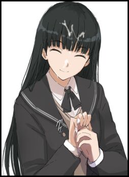 1girl amagami ayatsuji_tsukasa bad_id bad_pixiv_id black_hair black_jacket black_neckwear black_sailor_collar blazer blunt_bangs closed_eyes closed_mouth collared_shirt cum cum_on_body cum_on_hair dress_shirt facial facing_viewer false_smile handjob jacket long_hair mobu open_clothes open_jacket penis sailor_collar shirt smile solo_focus straight_hair upper_body very_long_hair white_shirt wing_collar