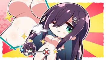 1girl akaneya amakano_2 blush_stickers chibi chibi_only closed_mouth completely_nude convenient_censoring green_eyes groin hair_ornament hair_over_one_eye halo himiyama_rei looking_at_viewer navel nipples nude official_art purple_hair smile solo standing stomach wings yellow_halo