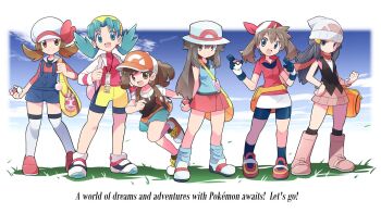 6+girls aqua_shorts backpack bag bandana baseball_cap beanie bike_shorts black_hair black_shirt black_socks blue_eyes blue_hair blue_overalls blue_shirt blue_shorts blue_sky boots bow bracelet breasts brown_eyes brown_hair bucket_hat closed_mouth cloud dawn_(pokemon) duffel_bag elaine_(pokemon) english_text fanny_pack gloves grass hair_ornament hairclip hat hat_bow highres holding holding_poke_ball jacket jewelry kneehighs kris_(pokemon) leaf_(pokemon) long_hair long_sleeves looking_at_viewer loose_socks lyra_(pokemon) may_(pokemon) multiple_girls newsboy_cap nintendo open_mouth overalls pink_boots pink_skirt poke_ball poke_ball_(basic) poke_ball_print pokegear pokemon pokemon_dppt pokemon_frlg pokemon_gsc pokemon_hgss pokemon_lgpe pokemon_rse poketch ponytail porkpie_hat rascal_(feuille) red_bandana red_hat red_scarf red_shirt red_skirt ribbon scarf shirt shoes short_sleeves shorts shorts_under_shorts shoulder_bag skirt sky sleeveless sleeveless_shirt smile socks thighhighs twintails vs_seeker watch white_gloves white_hat white_thighhighs wristband wristwatch yellow_bag yellow_hat yellow_shorts
