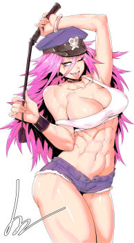 1girl abs absurdres bare_shoulders big_hair blue_eyes breasts choker cleavage collar commentary cowboy_shot crop_top cuffs denim denim_shorts english_commentary final_fight handcuffs hat highres holding holding_whip jewelry large_breasts long_hair looking_at_viewer midriff minew muscular muscular_female navel peaked_cap pink_hair poison_(final_fight) riding_crop short_shorts shorts simple_background solo street_fighter studded_collar tank_top whip white_background