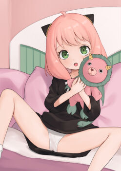 1girl anya_(spy_x_family) black_dress dress green_eyes hairpods kuroshiro00 loli open_mouth panties pink_hair sitting solo spread_legs spy_x_family stuffed_toy underwear white_panties