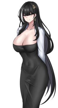 absurdres baizhi_(wuthering_waves) black_dress breasts cleavage commentary_request dress earrings green_eyes hair_ornament highres jacket jewelry long_hair mapyarong multicolored_hair very_long_hair white_jacket wuthering_waves