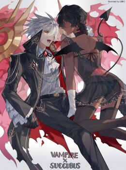 2boys arjuna_(fate) ascot babydoll black_eyes black_hair black_thighhighs blue_eyes blush brooch brothers cape choker coat collared_shirt crossdressing crossdressing_(mtf) dark-skinned_male dark_skin demon demon_boy demon_horns demon_tail demon_wings earrings eyeshadow eyeshadow_under_eye fangs fate/grand_order fate_(series) garter_straps gloves hair_between_eyes highres horns incest jewelry karna_(fate) makeup male_focus multiple_boys open_mouth pale_skin pants red_eyeshadow see-through_babydoll see-through_clothes see-through_lingerie shirt short_hair siblings sitting sqloveraven sweatdrop tail thighhighs vampire white_gloves white_hair wings yaoi