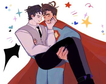 2boys batman_(series) black_hair black_nails black_necktie black_pants black_shoes blue_bodysuit bodysuit briefs brown_hair bruce_wayne buttons cape carrying carrying_person closed_eyes closed_mouth collared_shirt dc_comics eyesoncandyyy grey_vest hand_on_another&#039;s_face hashtag-only_commentary heart highres male_focus male_underwear multiple_boys nail_polish necktie open_mouth pants parted_hair princess_carry red_cape shirt shoes short_hair smile star_(symbol) superman superman_(series) superman_logo teeth underwear upper_teeth_only vest white_background white_shirt wing_collar yaoi