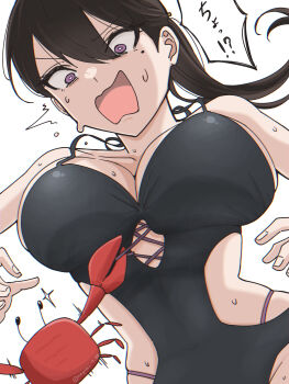 Rule 34 | 1girl, bang dream!, bang dream! it's mygo!!!!!, black hair, black one-piece swimsuit, breasts, commentary, crab, hair between eyes, highres, large breasts, long hair, nagomu 7 56, one-piece swimsuit, open mouth, ponytail, purple eyes, shiina taki, simple background, skindentation, solo, swimsuit, white background